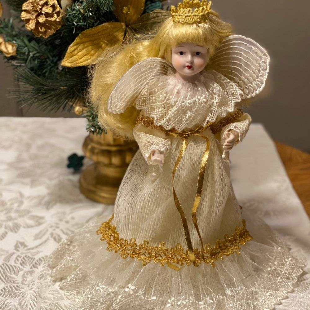 Vintage porcelain doll angel tree topper